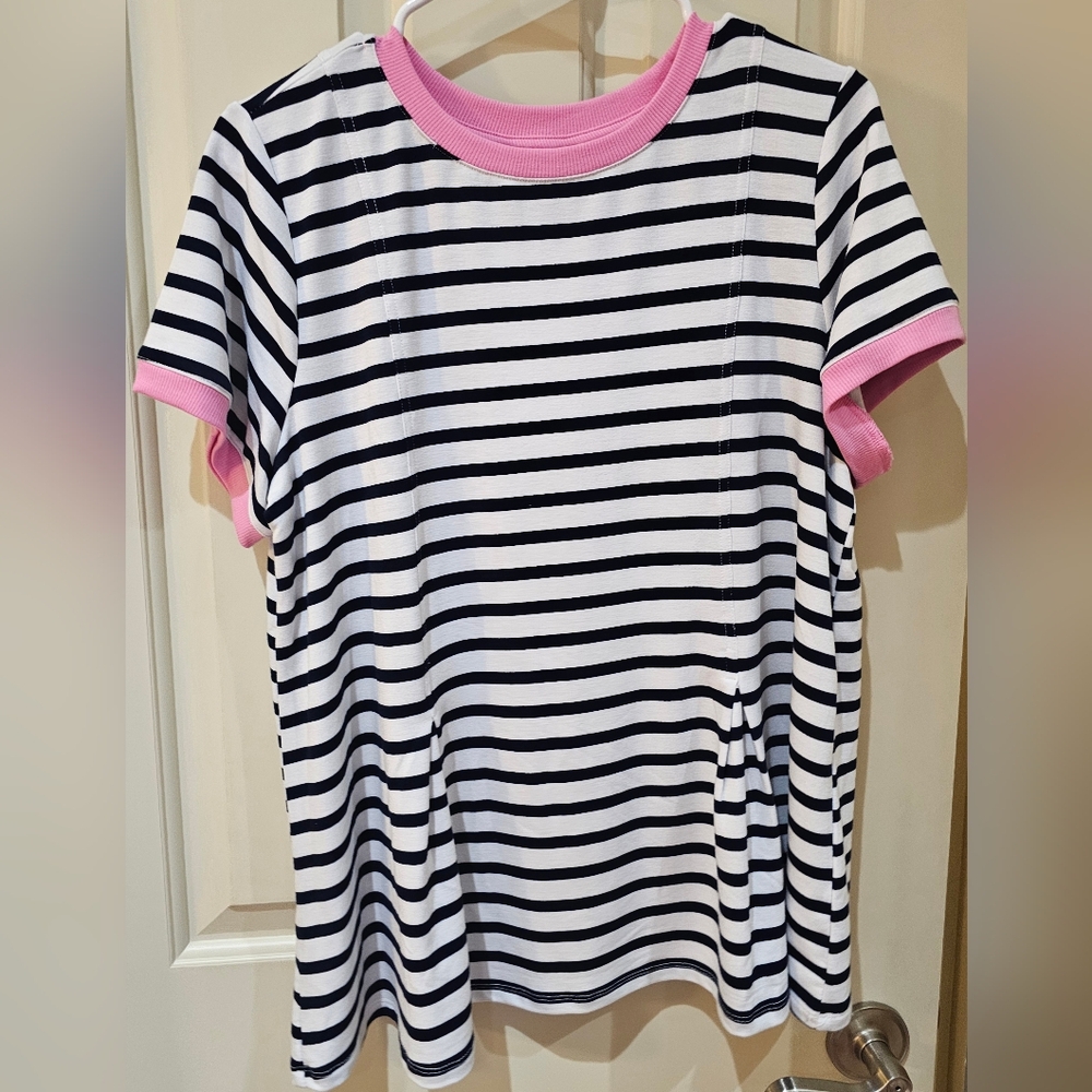 Striped Black and White T-Shirt with Pink Accents